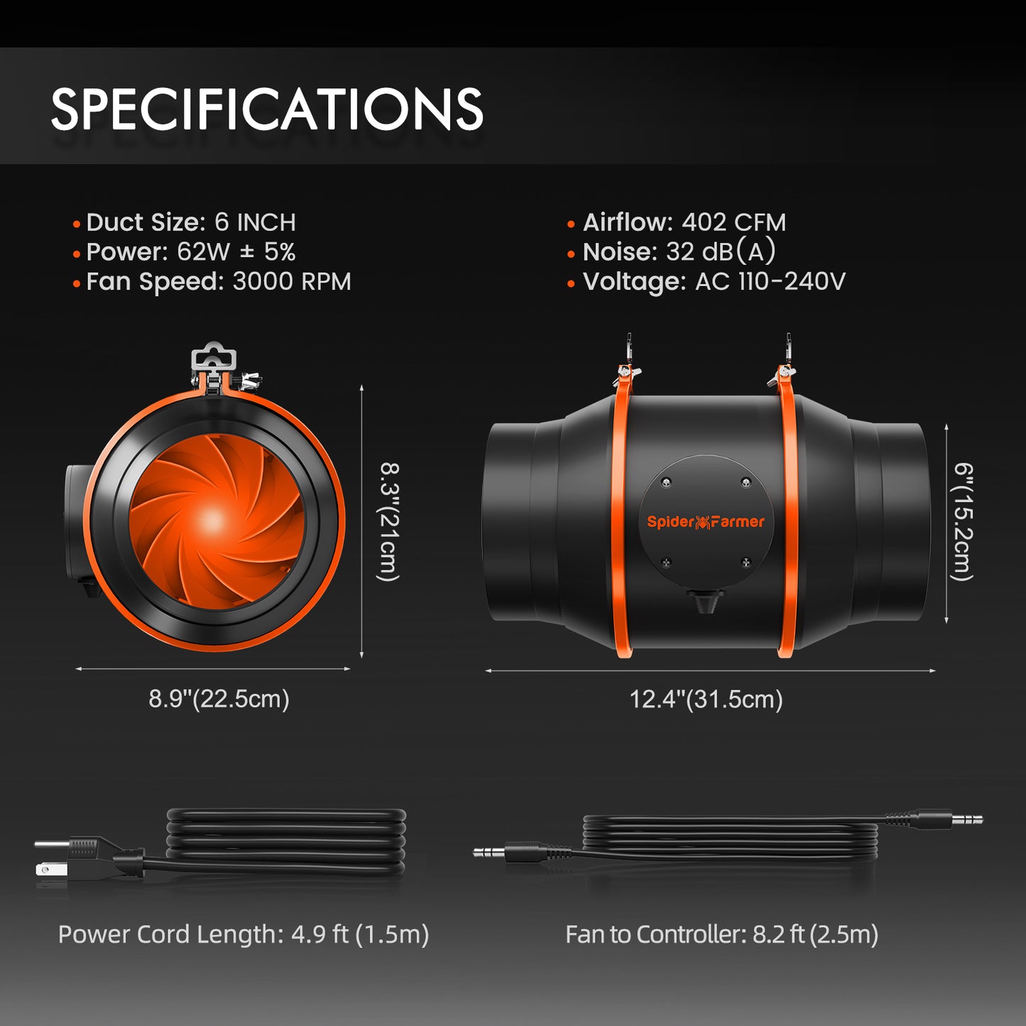 Spider Farmer 6-tommers/15cmØ Ventilasjon Kit Inkludert Smart Monitor