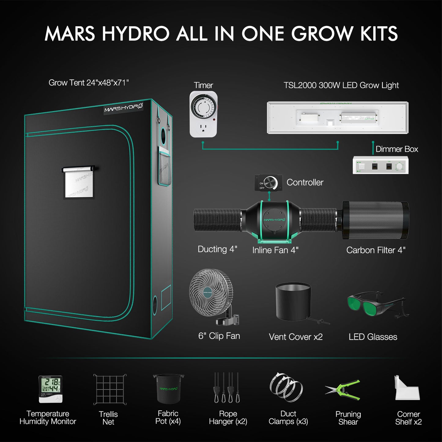 Mars Hydro Growers Kit TSL2000 Full Grow 120x60x180cm med Speed Controller